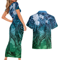 Pacific Beauty Girl Couples Matching Short Sleeve Bodycon Dress and Hawaiian Shirt Blue Polyneisan Tribal Vintage Motif LT9 - Polynesian Pride