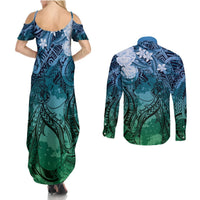Pacific Beauty Girl Couples Matching Summer Maxi Dress and Long Sleeve Button Shirt Blue Polyneisan Tribal Vintage Motif LT9 - Polynesian Pride