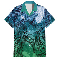 Pacific Beauty Girl Family Matching Long Sleeve Bodycon Dress and Hawaiian Shirt Blue Polyneisan Tribal Vintage Motif