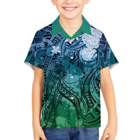 Pacific Beauty Girl Family Matching Long Sleeve Bodycon Dress and Hawaiian Shirt Blue Polyneisan Tribal Vintage Motif