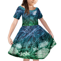 Pacific Beauty Girl Family Matching Mermaid Dress and Hawaiian Shirt Blue Polyneisan Tribal Vintage Motif LT9 Daughter's Dress Blue - Polynesian Pride