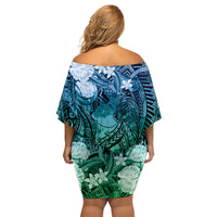 Pacific Beauty Girl Family Matching Off Shoulder Short Dress and Hawaiian Shirt Blue Polyneisan Tribal Vintage Motif LT9 - Polynesian Pride
