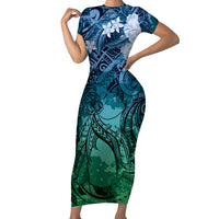 Pacific Beauty Girl Family Matching Short Sleeve Bodycon Dress and Hawaiian Shirt Blue Polyneisan Tribal Vintage Motif LT9 Mom's Dress Blue - Polynesian Pride