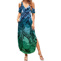 Pacific Beauty Girl Family Matching Summer Maxi Dress and Hawaiian Shirt Blue Polyneisan Tribal Vintage Motif LT9 Mom's Dress Blue - Polynesian Pride