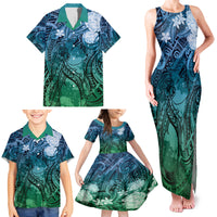 Pacific Beauty Girl Family Matching Tank Maxi Dress and Hawaiian Shirt Blue Polyneisan Tribal Vintage Motif