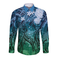 Pacific Beauty Girl Long Sleeve Button Shirt Blue Polyneisan Tribal Vintage Motif