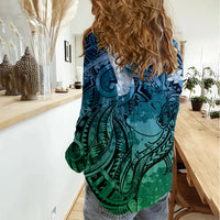 Pacific Beauty Girl Women Casual Shirt Blue Polyneisan Tribal Vintage Motif