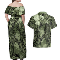 Pacific Beauty Girl Couples Matching Off Shoulder Maxi Dress and Hawaiian Shirt Green Polyneisan Tribal Vintage Motif LT9 - Polynesian Pride