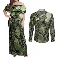 Pacific Beauty Girl Couples Matching Off Shoulder Maxi Dress and Long Sleeve Button Shirt Green Polyneisan Tribal Vintage Motif LT9 Green - Polynesian Pride