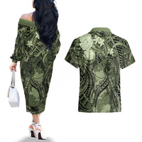 Pacific Beauty Girl Couples Matching Off The Shoulder Long Sleeve Dress and Hawaiian Shirt Green Polyneisan Tribal Vintage Motif LT9 - Polynesian Pride