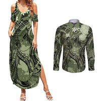 Pacific Beauty Girl Couples Matching Summer Maxi Dress and Long Sleeve Button Shirt Green Polyneisan Tribal Vintage Motif LT9 Green - Polynesian Pride