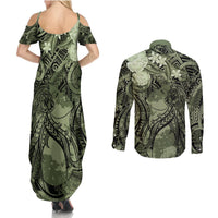 Pacific Beauty Girl Couples Matching Summer Maxi Dress and Long Sleeve Button Shirt Green Polyneisan Tribal Vintage Motif LT9 - Polynesian Pride