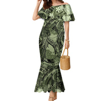 Pacific Beauty Girl Family Matching Mermaid Dress and Hawaiian Shirt Green Polyneisan Tribal Vintage Motif LT9 Mom's Dress Green - Polynesian Pride
