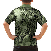 Pacific Beauty Girl Family Matching Off The Shoulder Long Sleeve Dress and Hawaiian Shirt Green Polyneisan Tribal Vintage Motif LT9 - Polynesian Pride