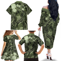 Pacific Beauty Girl Family Matching Off The Shoulder Long Sleeve Dress and Hawaiian Shirt Green Polyneisan Tribal Vintage Motif LT9 - Polynesian Pride