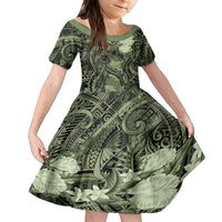 Pacific Beauty Girl Family Matching Off Shoulder Short Dress and Hawaiian Shirt Green Polyneisan Tribal Vintage Motif LT9 Daughter's Dress Green - Polynesian Pride