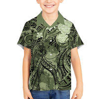 Pacific Beauty Girl Family Matching Tank Maxi Dress and Hawaiian Shirt Green Polyneisan Tribal Vintage Motif