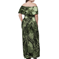 Pacific Beauty Girl Off Shoulder Maxi Dress Green Polyneisan Tribal Vintage Motif