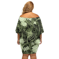 Pacific Beauty Girl Off Shoulder Short Dress Green Polyneisan Tribal Vintage Motif LT9 - Polynesian Pride