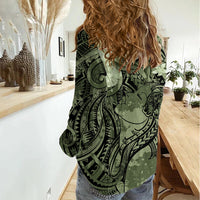 Pacific Beauty Girl Women Casual Shirt Green Polyneisan Tribal Vintage Motif LT9 - Polynesian Pride