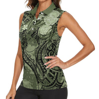 Pacific Beauty Girl Women Sleeveless Polo Shirt Green Polyneisan Tribal Vintage Motif