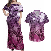 Pacific Beauty Girl Couples Matching Off Shoulder Maxi Dress and Hawaiian Shirt Pink Polyneisan Tribal Vintage Motif LT9 Pink - Polynesian Pride