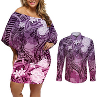 Pacific Beauty Girl Couples Matching Off Shoulder Short Dress and Long Sleeve Button Shirt Pink Polyneisan Tribal Vintage Motif LT9 Pink - Polynesian Pride