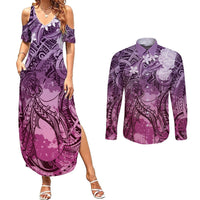 Pacific Beauty Girl Couples Matching Summer Maxi Dress and Long Sleeve Button Shirt Pink Polyneisan Tribal Vintage Motif LT9 Pink - Polynesian Pride