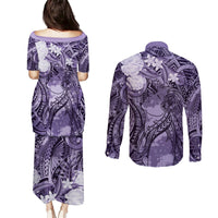 Pacific Beauty Girl Couples Matching Puletasi and Long Sleeve Button Shirt Violet Polyneisan Tribal Vintage Motif LT9 - Polynesian Pride