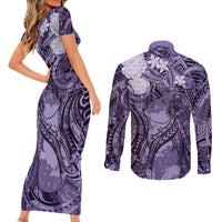 Pacific Beauty Girl Couples Matching Short Sleeve Bodycon Dress and Long Sleeve Button Shirt Violet Polyneisan Tribal Vintage Motif LT9 - Polynesian Pride