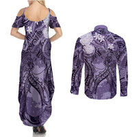 Pacific Beauty Girl Couples Matching Summer Maxi Dress and Long Sleeve Button Shirt Violet Polyneisan Tribal Vintage Motif LT9 - Polynesian Pride