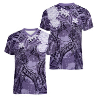 Pacific Beauty Girl Women V-Neck T-Shirt Violet Polyneisan Tribal Vintage Motif