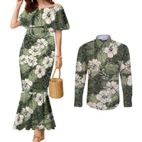 Tongan Kupesi Ngatu Hibiscus Vintage Motif Couples Matching Mermaid Dress and Long Sleeve Button Shirt LT9 Green - Polynesian Pride