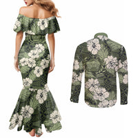 Tongan Kupesi Ngatu Hibiscus Vintage Motif Couples Matching Mermaid Dress and Long Sleeve Button Shirt LT9 - Polynesian Pride