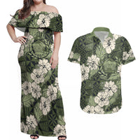 Tongan Kupesi Ngatu Hibiscus Vintage Motif Couples Matching Off Shoulder Maxi Dress and Hawaiian Shirt LT9 Green - Polynesian Pride