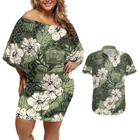 Tongan Kupesi Ngatu Hibiscus Vintage Motif Couples Matching Off Shoulder Short Dress and Hawaiian Shirt LT9 Green - Polynesian Pride