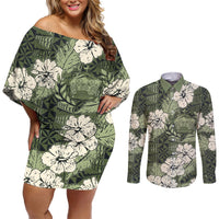 Tongan Kupesi Ngatu Hibiscus Vintage Motif Couples Matching Off Shoulder Short Dress and Long Sleeve Button Shirt LT9 Green - Polynesian Pride
