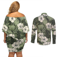 Tongan Kupesi Ngatu Hibiscus Vintage Motif Couples Matching Off Shoulder Short Dress and Long Sleeve Button Shirt LT9 - Polynesian Pride