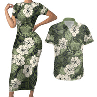 Tongan Kupesi Ngatu Hibiscus Vintage Motif Couples Matching Short Sleeve Bodycon Dress and Hawaiian Shirt LT9 Green - Polynesian Pride