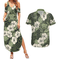 Tongan Kupesi Ngatu Hibiscus Vintage Motif Couples Matching Summer Maxi Dress and Hawaiian Shirt LT9 Green - Polynesian Pride