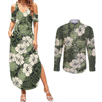 Tongan Kupesi Ngatu Hibiscus Vintage Motif Couples Matching Summer Maxi Dress and Long Sleeve Button Shirt LT9 Green - Polynesian Pride