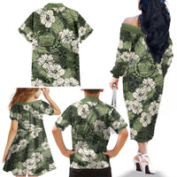 Tongan Kupesi Ngatu Hibiscus Vintage Motif Family Matching Off The Shoulder Long Sleeve Dress and Hawaiian Shirt LT9 - Polynesian Pride