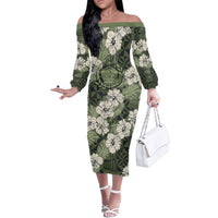 Tongan Kupesi Ngatu Hibiscus Vintage Motif Family Matching Off The Shoulder Long Sleeve Dress and Hawaiian Shirt LT9 Mom's Dress Green - Polynesian Pride