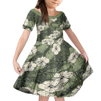Tongan Kupesi Ngatu Hibiscus Vintage Motif Family Matching Off Shoulder Maxi Dress and Hawaiian Shirt LT9 Daughter's Dress Green - Polynesian Pride