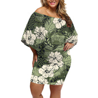 Tongan Kupesi Ngatu Hibiscus Vintage Motif Family Matching Off Shoulder Short Dress and Hawaiian Shirt LT9 Mom's Dress Green - Polynesian Pride