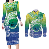 Malpampa Vanuatu Couples Matching Long Sleeve Bodycon Dress and Long Sleeve Button Shirt Hibiscus Sand Drawing with Pacific Pattern
