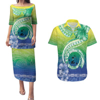 Malpampa Vanuatu Couples Matching Puletasi and Hawaiian Shirt Hibiscus Sand Drawing with Pacific Pattern LT9 Green Art - Polynesian Pride
