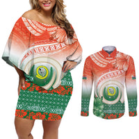 Penama Vanuatu Couples Matching Off Shoulder Short Dress and Long Sleeve Button Shirt Hibiscus Sand Drawing with Pacific Pattern