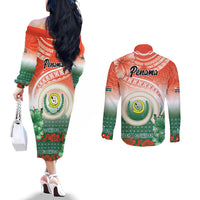 Penama Vanuatu Couples Matching Off The Shoulder Long Sleeve Dress and Long Sleeve Button Shirt Hibiscus Sand Drawing with Pacific Pattern