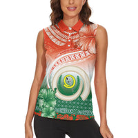 Penama Vanuatu Women Sleeveless Polo Shirt Hibiscus Sand Drawing with Pacific Pattern